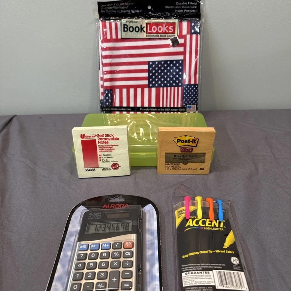 Back to school haul, calculator, highlighters, sticky note, pencil box, book cvr
